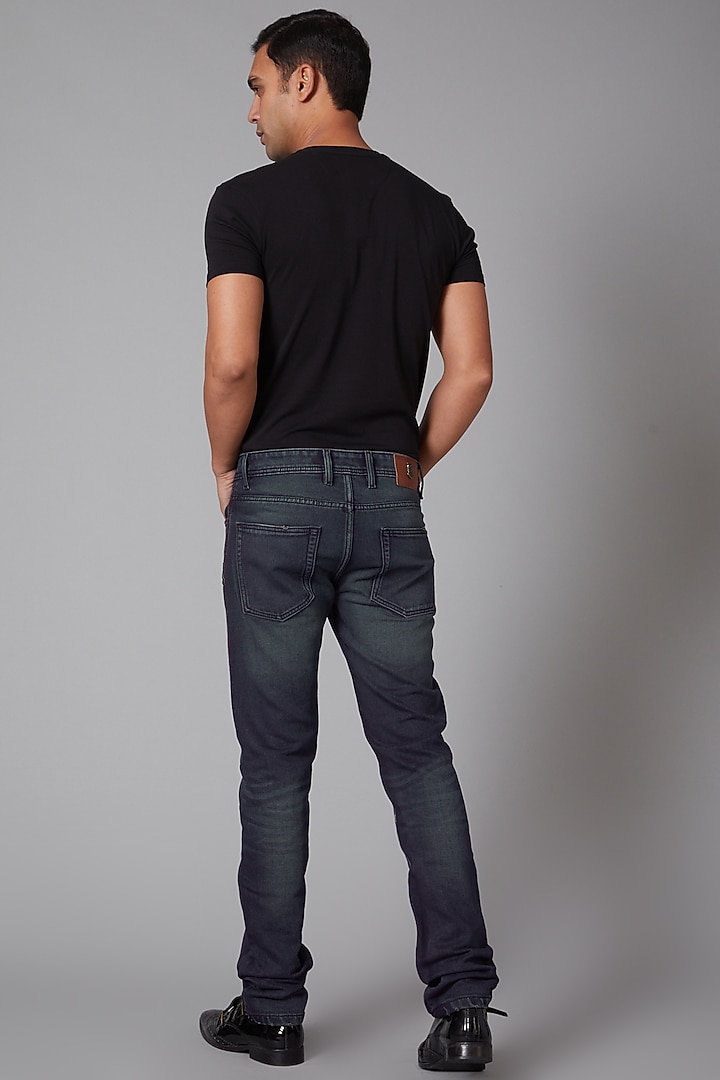 Cobalt Blue Reindeer Embroidered Jeans by Rohit Bal Men at Pernia's Pop Up Shop