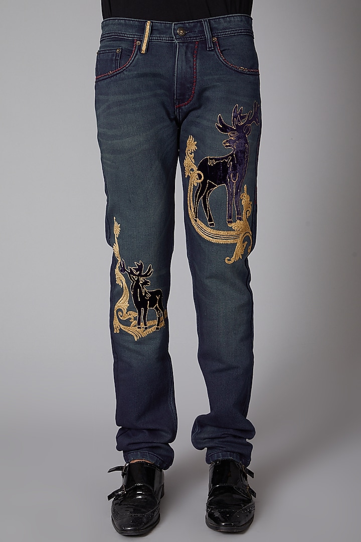 Cobalt Blue Reindeer Embroidered Jeans by Rohit Bal Men at Pernia's Pop Up Shop