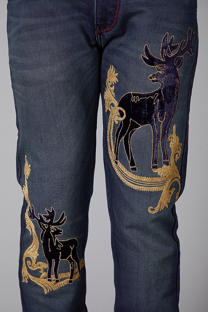 Cobalt Blue Reindeer Embroidered Jeans by Rohit Bal Men at Pernia's Pop Up Shop