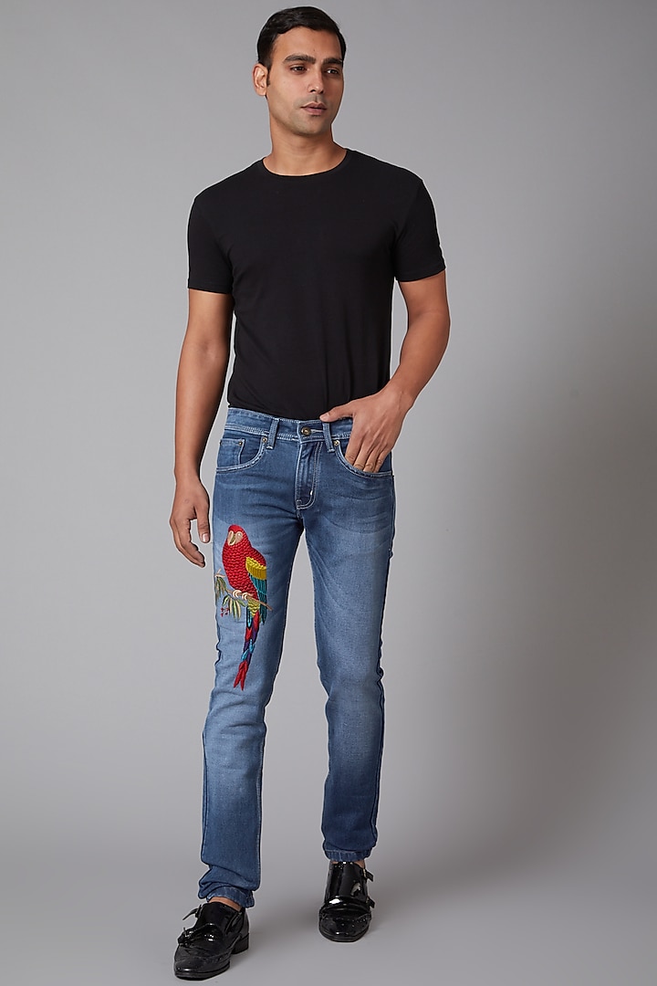 Cobalt Blue Cotton Parrot Embroidered Jeans by Rohit Bal Men