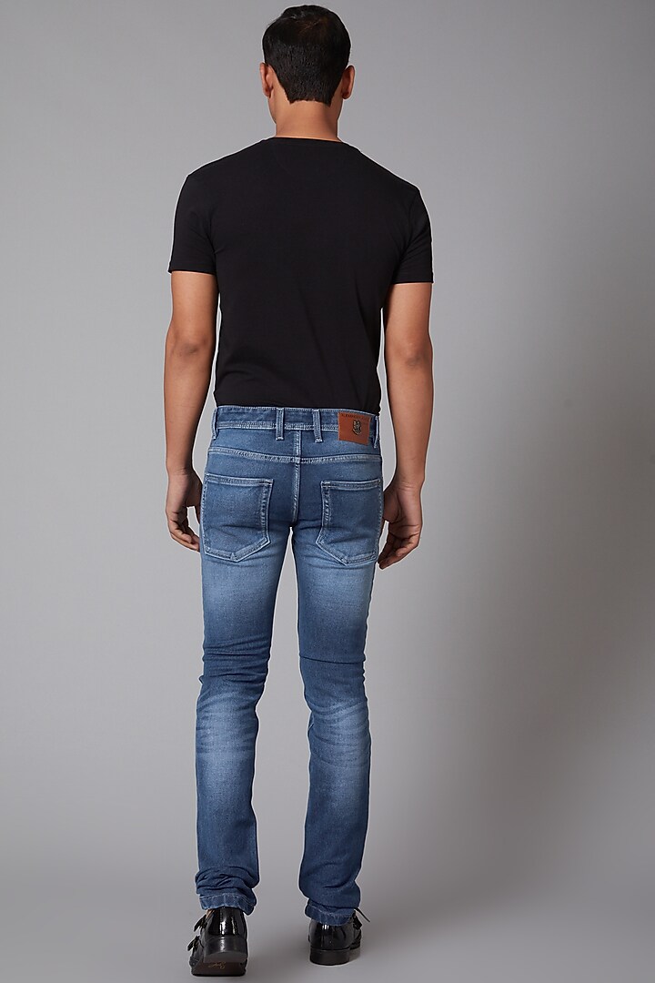 Cobalt Blue Cotton Parrot Embroidered Jeans by Rohit Bal Men at Pernia's Pop Up Shop