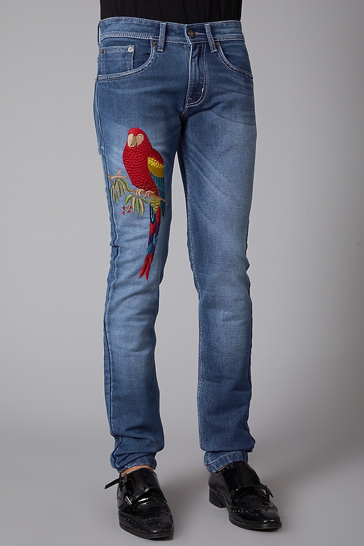 Cobalt Blue Cotton Parrot Embroidered Jeans by Rohit Bal Men at Pernia's Pop Up Shop