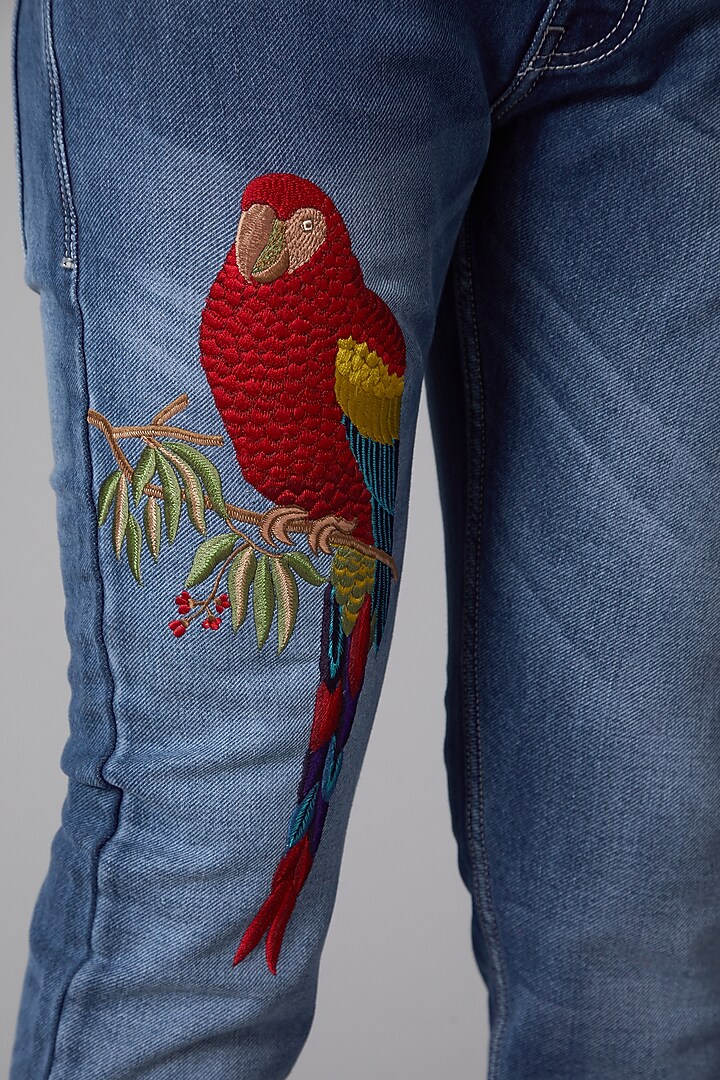 Cobalt Blue Cotton Parrot Embroidered Jeans by Rohit Bal Men at Pernia's Pop Up Shop