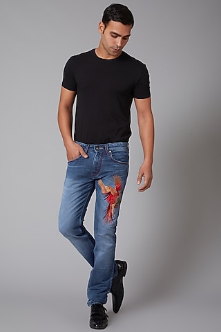 Cobalt Blue Cotton Embroidered Jeans by Rohit Bal Men