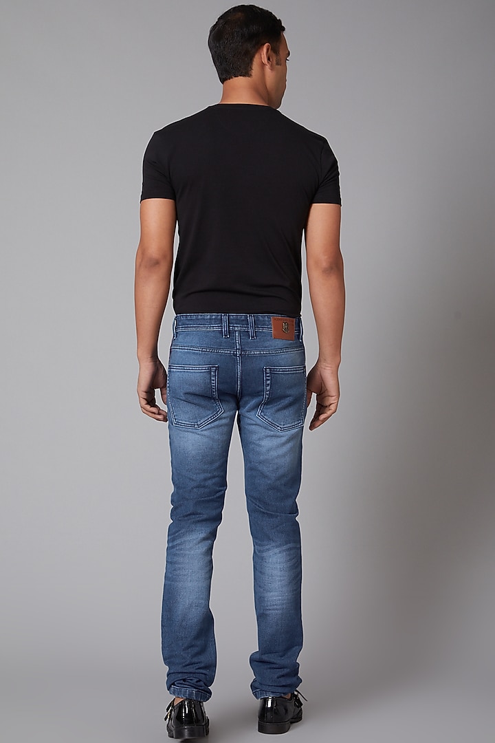 Cobalt Blue Cotton Embroidered Jeans by Rohit Bal Men at Pernia's Pop Up Shop