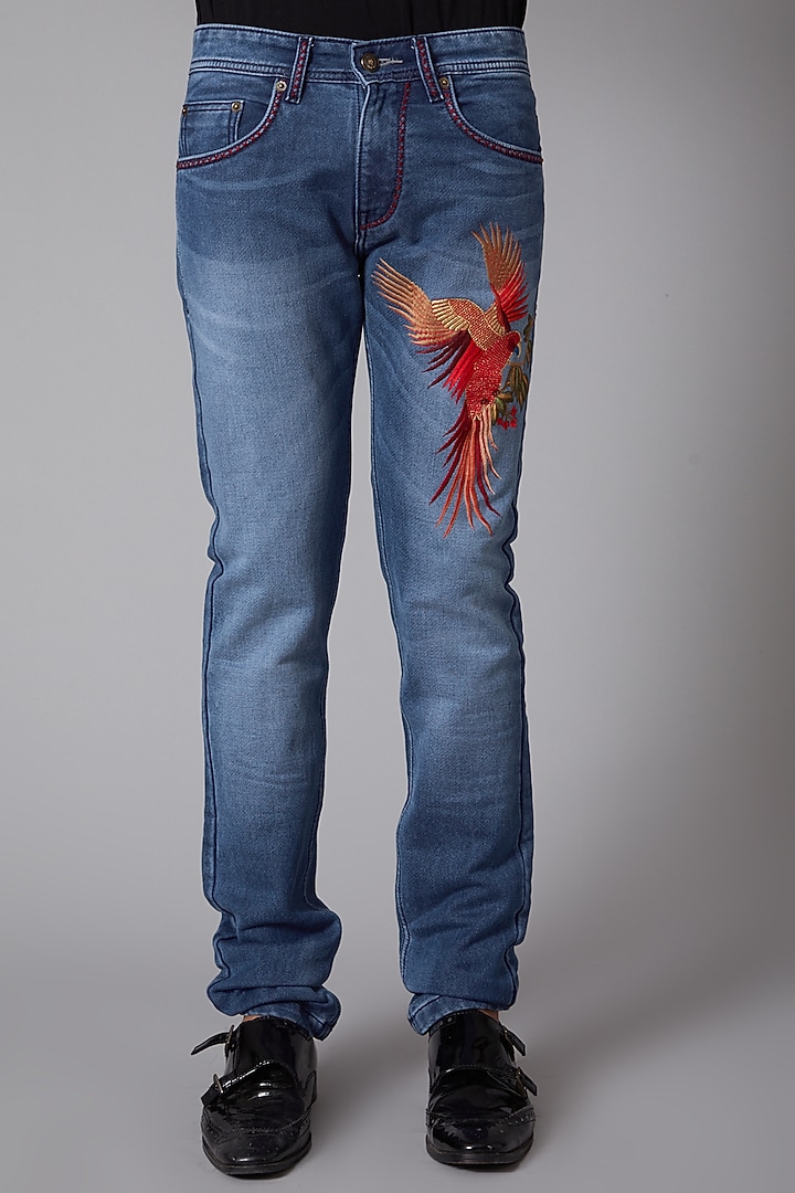 Cobalt Blue Cotton Embroidered Jeans by Rohit Bal Men at Pernia's Pop Up Shop