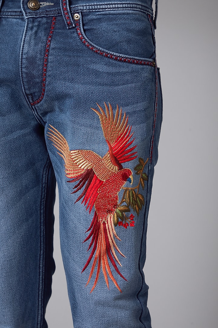 Cobalt Blue Cotton Embroidered Jeans by Rohit Bal Men at Pernia's Pop Up Shop