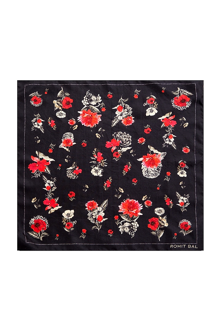 Black Floral Printed Pocket Square & Tie (Set of 2) by Rohit Bal Men at Pernia's Pop Up Shop