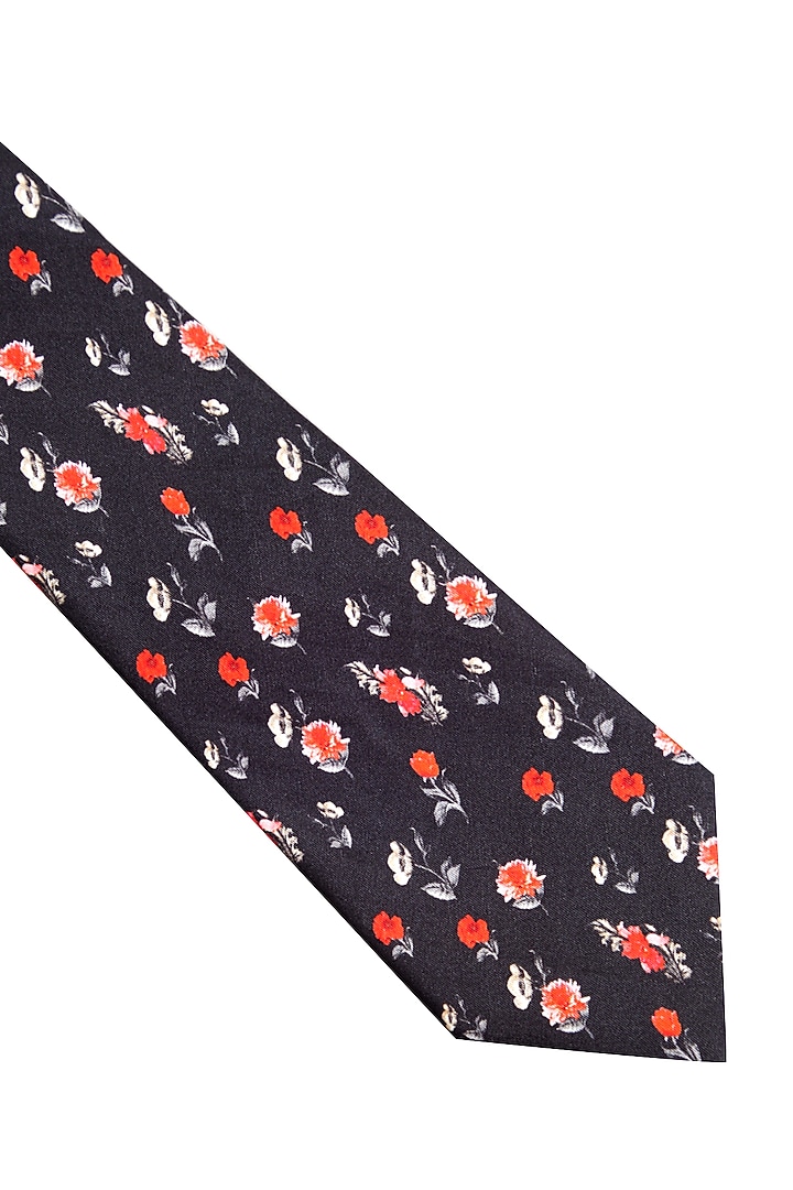 Black Floral Printed Pocket Square & Tie (Set of 2) by Rohit Bal Men at Pernia's Pop Up Shop