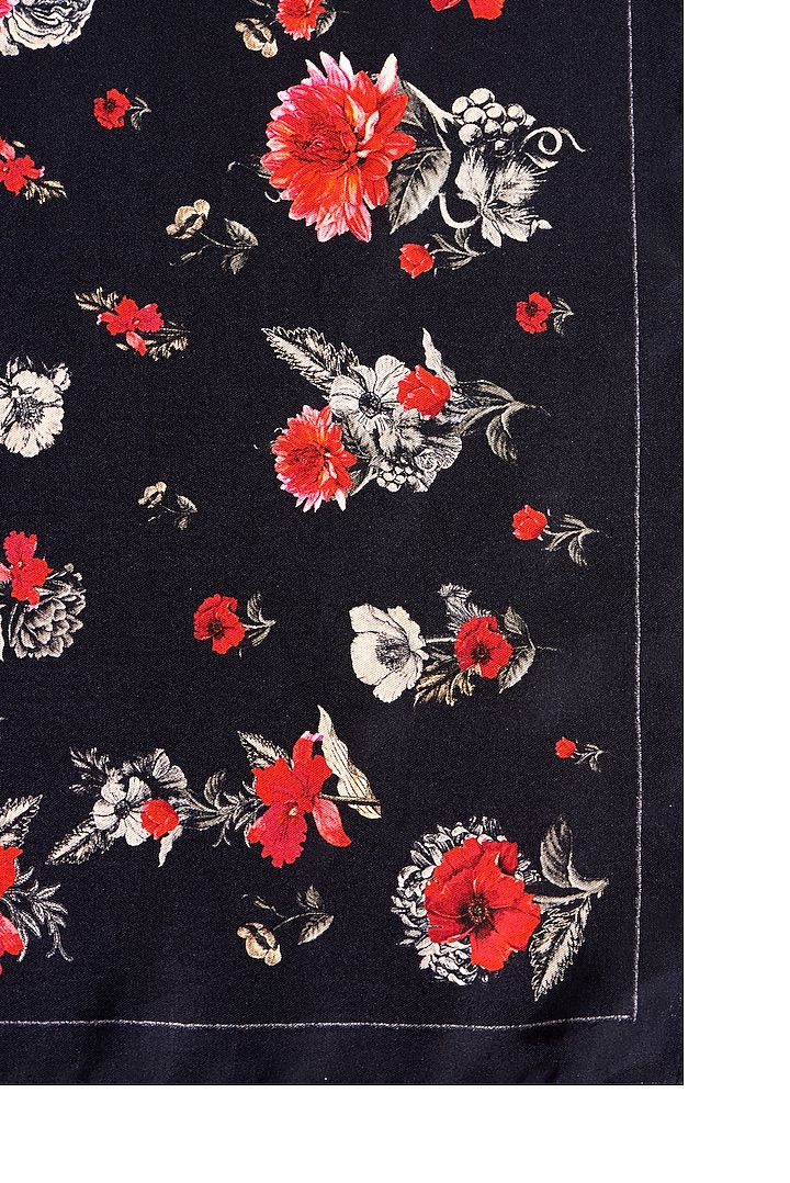 Black Floral Printed Pocket Square & Tie (Set of 2) by Rohit Bal Men at Pernia's Pop Up Shop