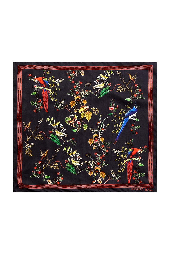 Black Satin Printed Pocket Square & Tie (Set of 2) by Rohit Bal Men at Pernia's Pop Up Shop