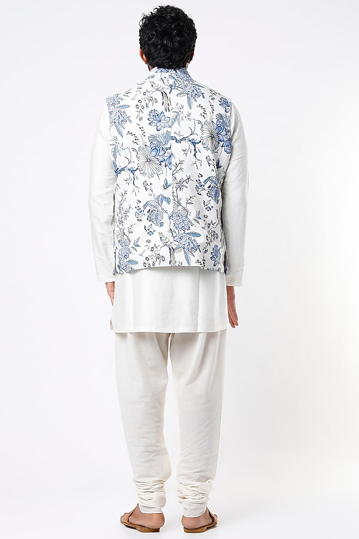 Ivory Linen Digital Printed Bundi Jacket by Rohit Bal Men at Pernia's Pop Up Shop