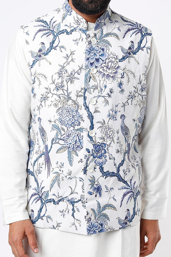 Ivory Linen Digital Printed Bundi Jacket by Rohit Bal Men at Pernia's Pop Up Shop