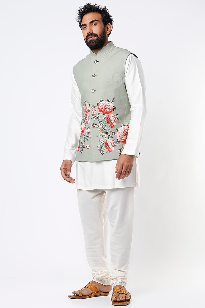 Sage Green Linen Digital Printed Bundi Jacket by Rohit Bal Men