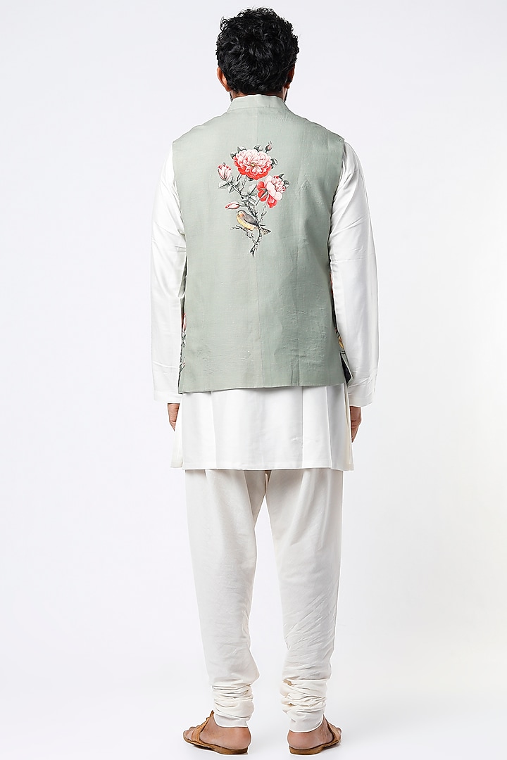 Sage Green Linen Digital Printed Bundi Jacket by Rohit Bal Men at Pernia's Pop Up Shop