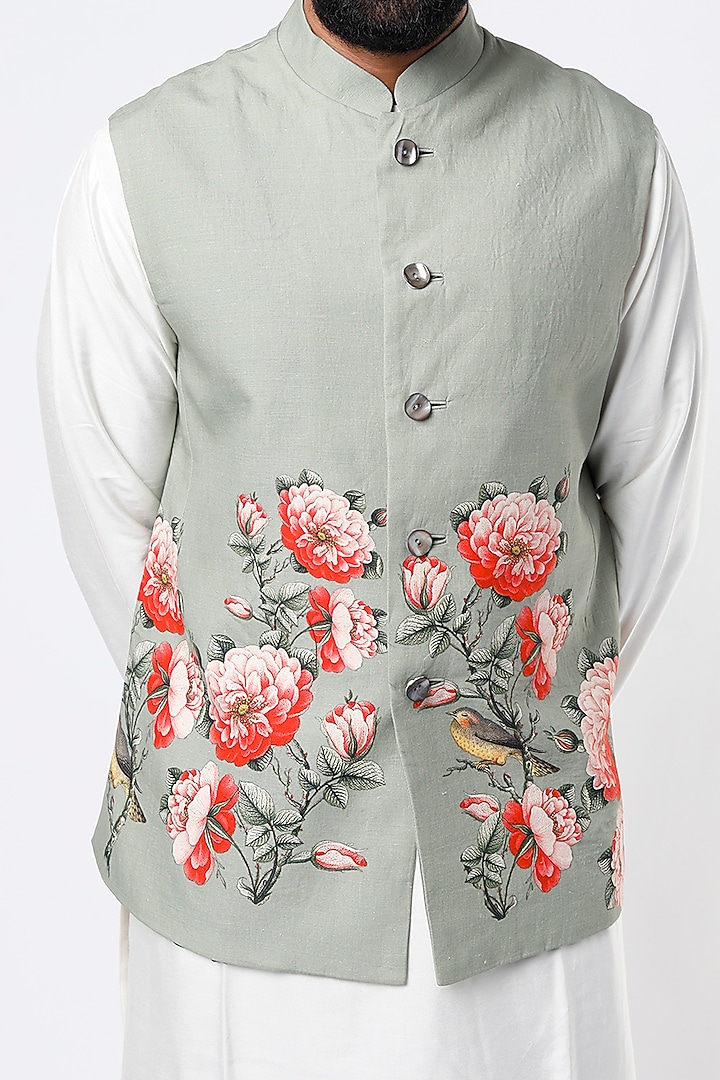 Sage Green Linen Digital Printed Bundi Jacket by Rohit Bal Men at Pernia's Pop Up Shop