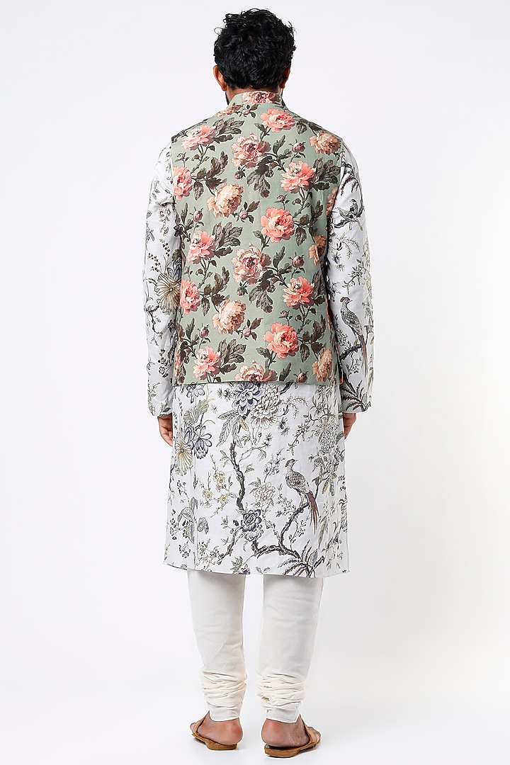 Sage Green Linen Digital Printed Bundi Jacket by Rohit Bal Men at Pernia's Pop Up Shop