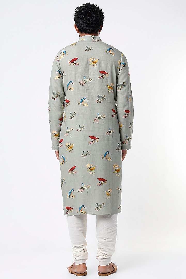 Sage Green Linen Digital Printed Kurta Set by Rohit Bal Men at Pernia's Pop Up Shop