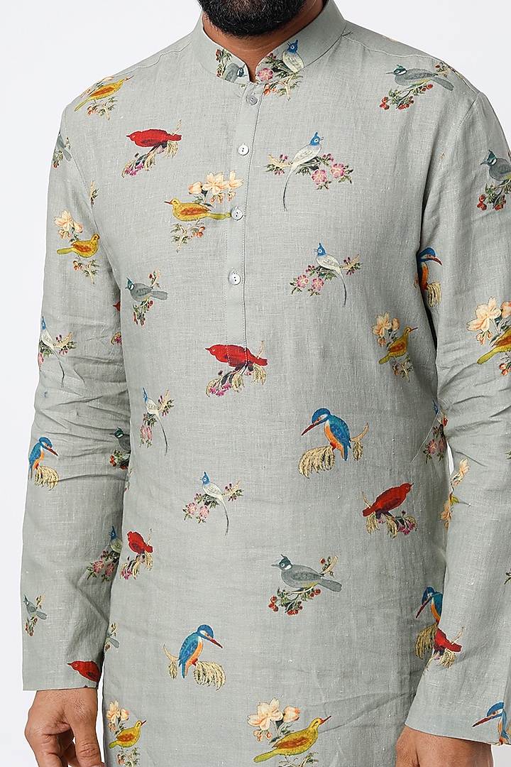 Sage Green Linen Digital Printed Kurta Set by Rohit Bal Men at Pernia's Pop Up Shop