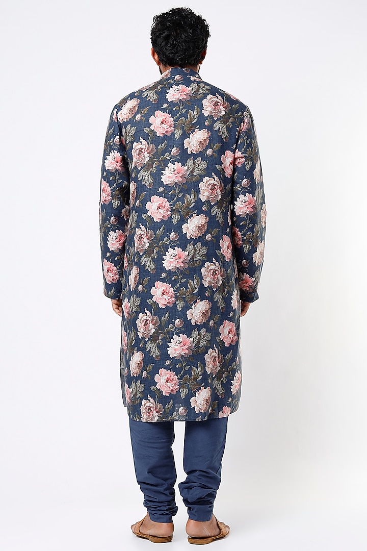 Indigo Linen Digital Printed Kurta Set by Rohit Bal Men at Pernia's Pop Up Shop