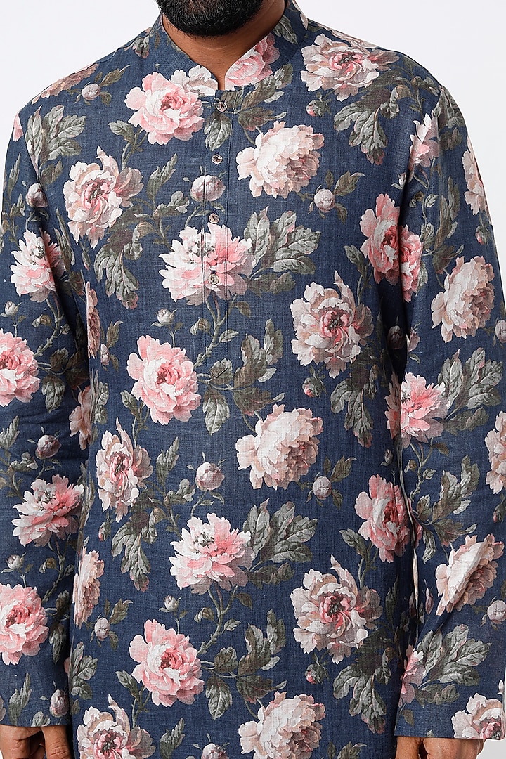 Indigo Linen Digital Printed Kurta Set by Rohit Bal Men at Pernia's Pop Up Shop