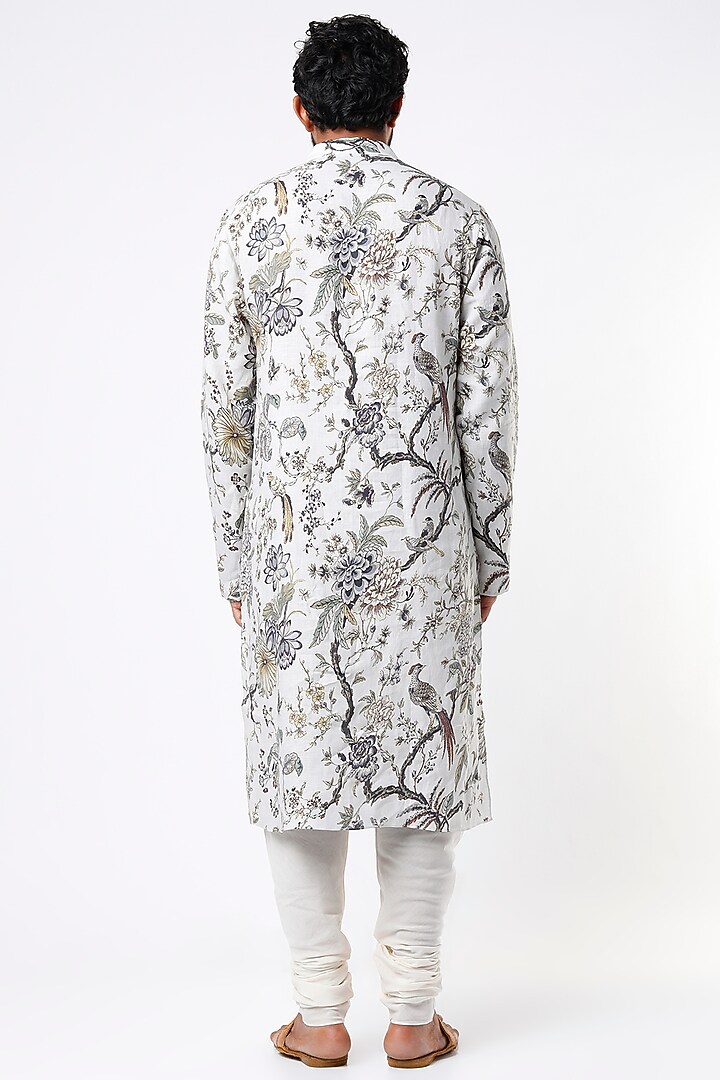 Ivory Linen Digital Printed Kurta Set by Rohit Bal Men at Pernia's Pop Up Shop