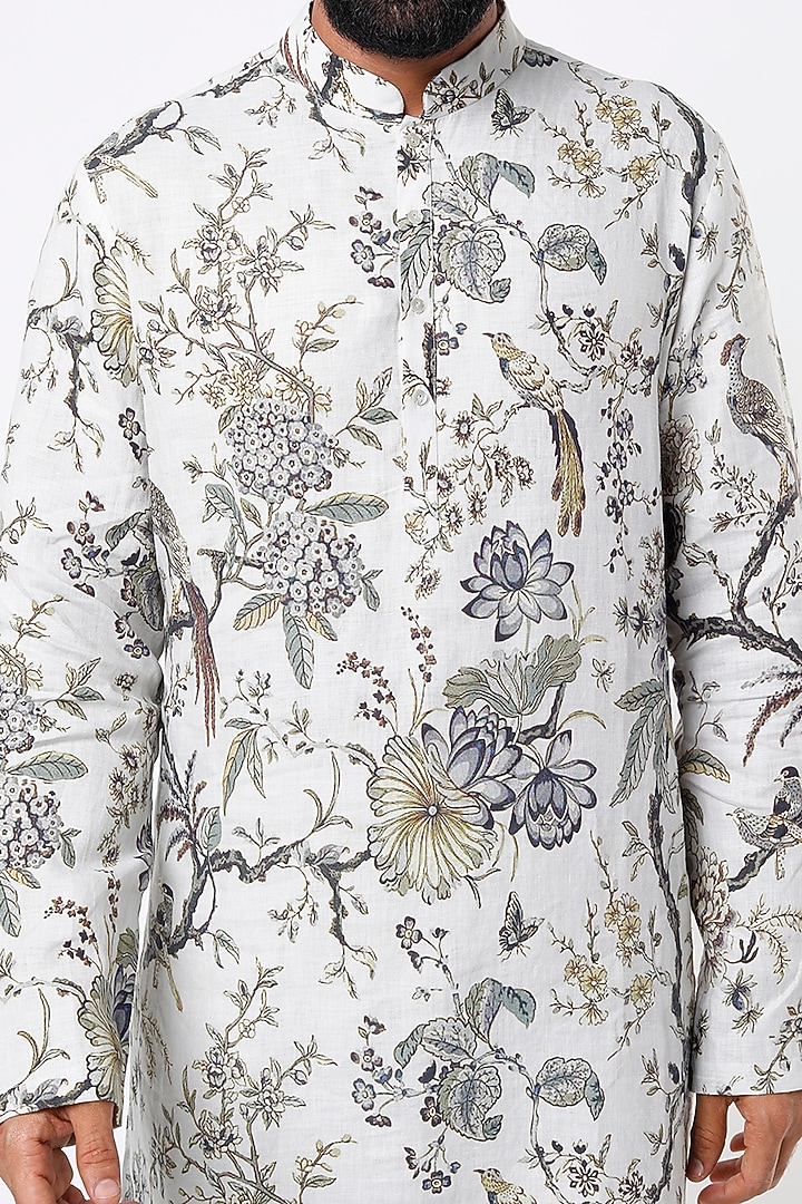 Ivory Linen Digital Printed Kurta Set by Rohit Bal Men at Pernia's Pop Up Shop