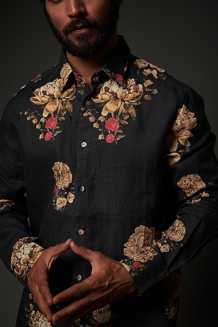 Black Linen Digital Printed Party Wear Shirt by Rohit Bal Men at Pernia's Pop Up Shop