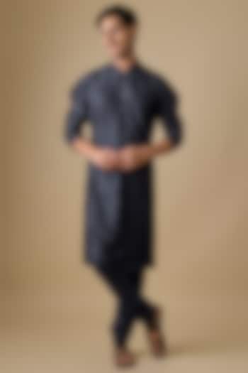 Navy Silk Embroidered Kurta Set by Rohit Bal Men at Pernia's Pop Up Shop
