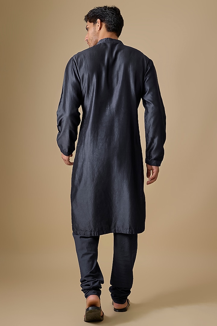Navy Silk Embroidered Kurta Set by Rohit Bal Men at Pernia's Pop Up Shop