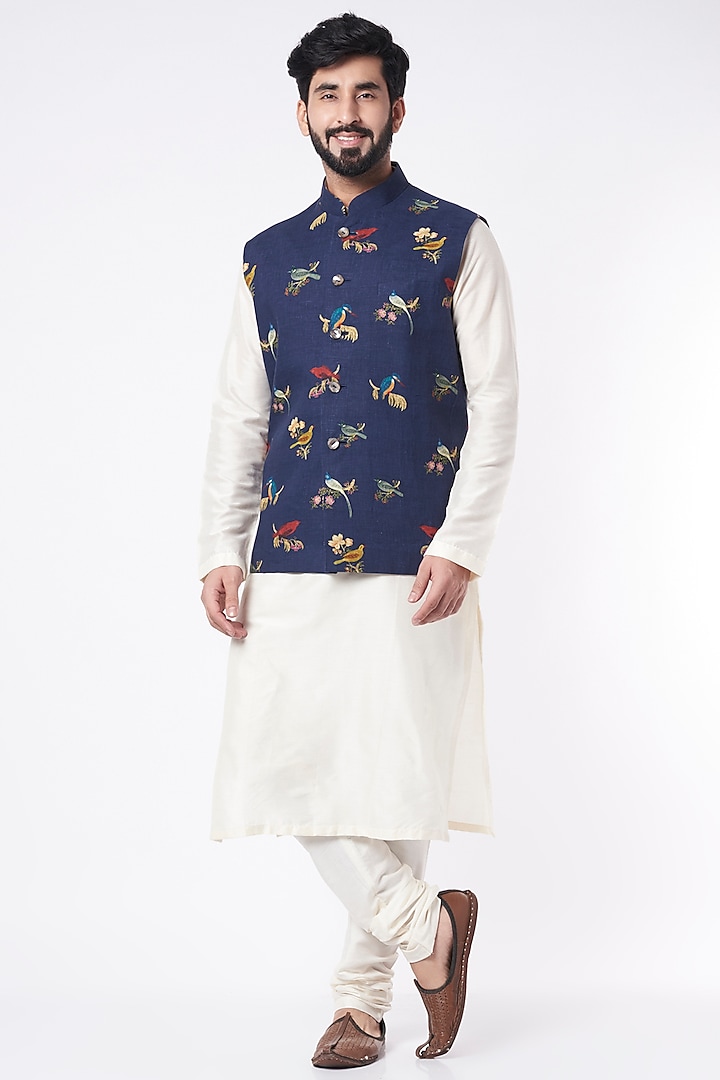 Indigo Digital Printed Bundi Jacket by Rohit Bal Men