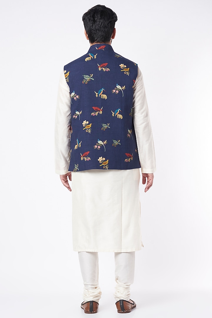 Indigo Linen Digital Printed & Machine Embroidered Bundi Jacket by Rohit Bal Men at Pernia's Pop Up Shop