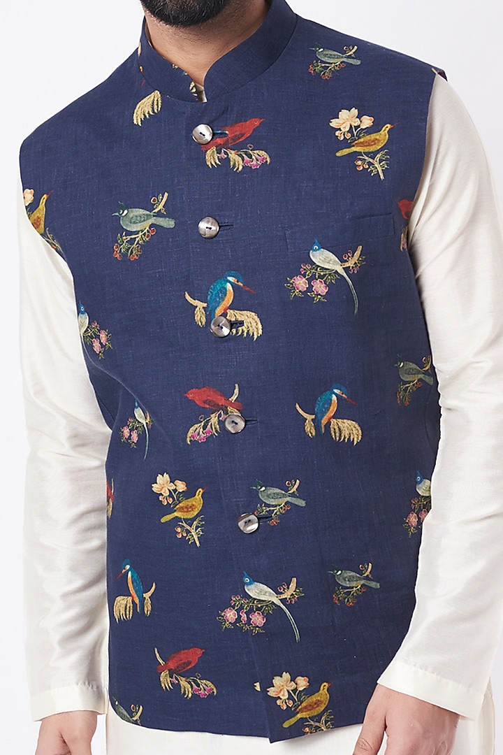 Indigo Linen Digital Printed & Machine Embroidered Bundi Jacket by Rohit Bal Men at Pernia's Pop Up Shop