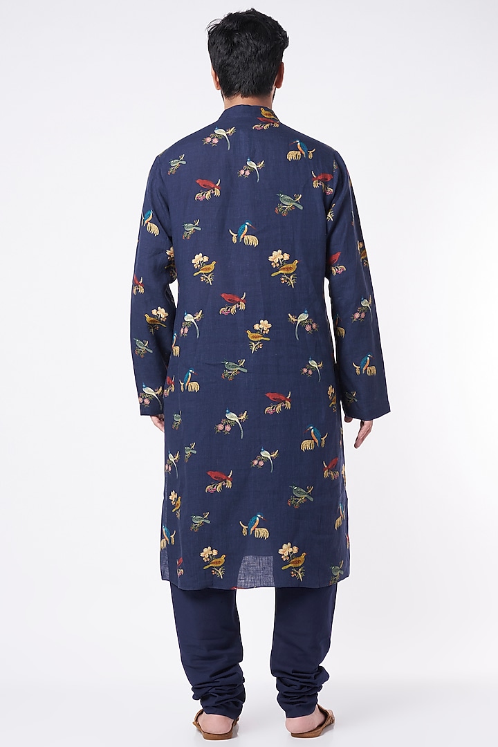 Indigo Linen Digital Printed & Machine Embroidered Kurta Set by Rohit Bal Men at Pernia's Pop Up Shop