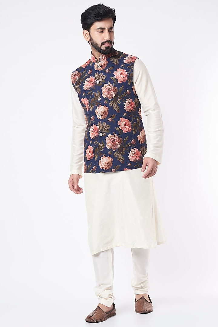 Indigo Floral Printed Bundi Jacket by Rohit Bal Men