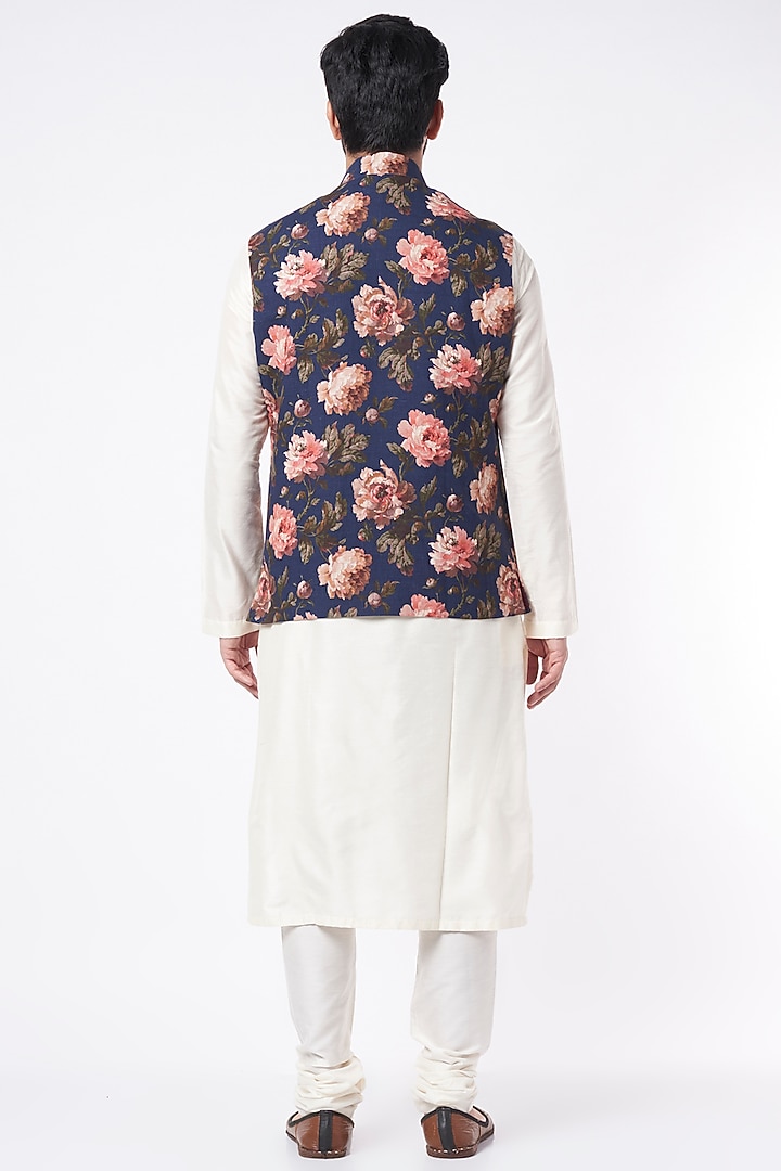 Indigo Linen Floral Digital Printed Bundi Jacket by Rohit Bal Men at Pernia's Pop Up Shop
