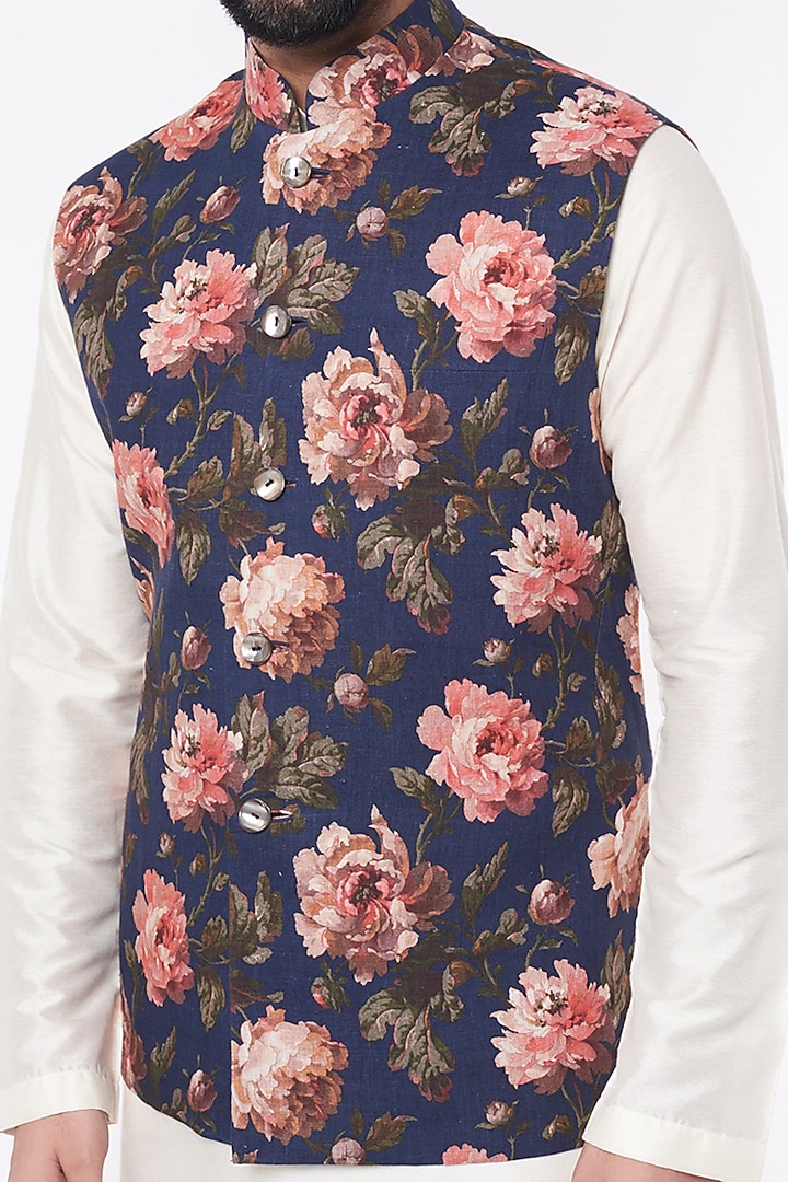 Indigo Linen Floral Digital Printed Bundi Jacket by Rohit Bal Men at Pernia's Pop Up Shop