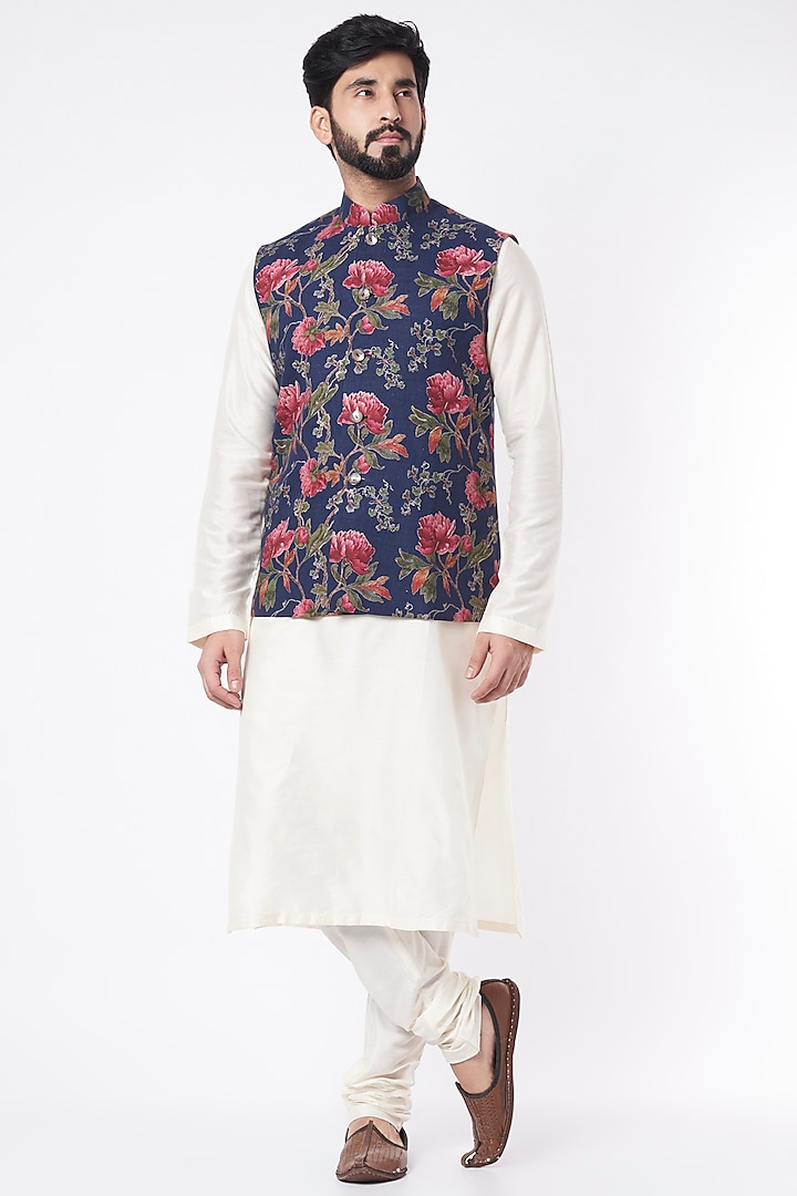 Indigo Linen Bundi Jacket by Rohit Bal Men