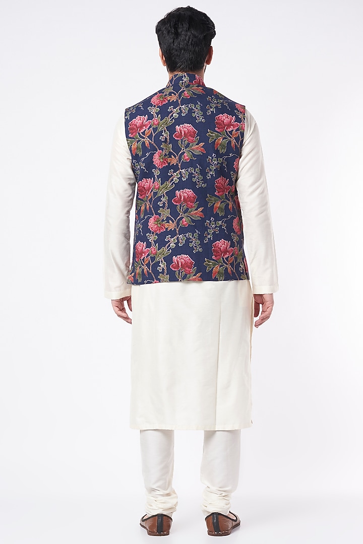 Indigo Linen Floral Digital Printed Bundi Jacket by Rohit Bal Men at Pernia's Pop Up Shop