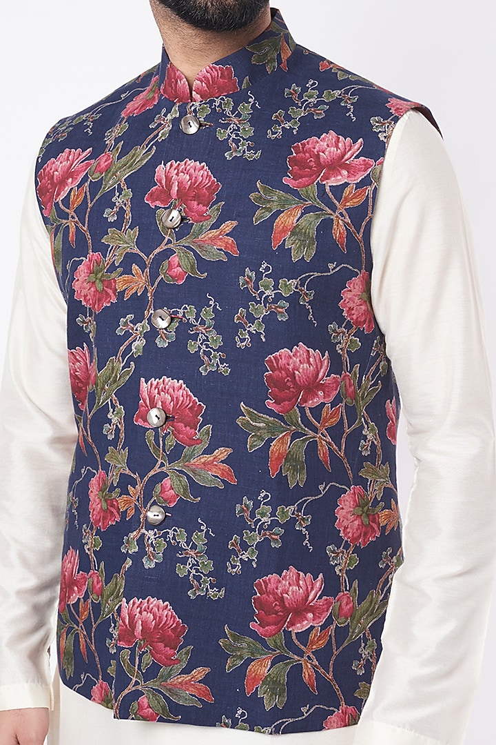 Indigo Linen Floral Digital Printed Bundi Jacket by Rohit Bal Men at Pernia's Pop Up Shop