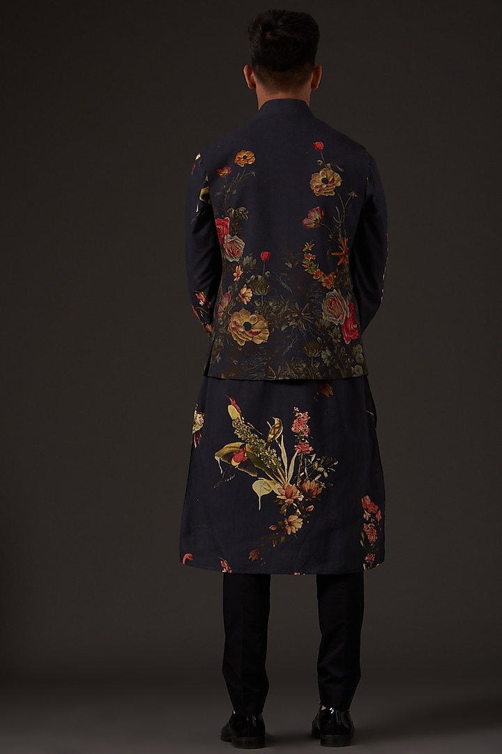 Black Cotton Floral Digital Printed Bundi Jacket by Balance by Rohit Bal Men at Pernia's Pop Up Shop
