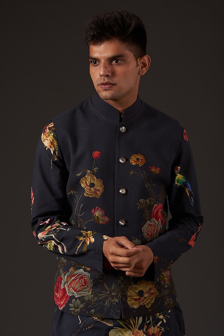 Black Cotton Floral Digital Printed Bundi Jacket by Balance by Rohit Bal Men at Pernia's Pop Up Shop