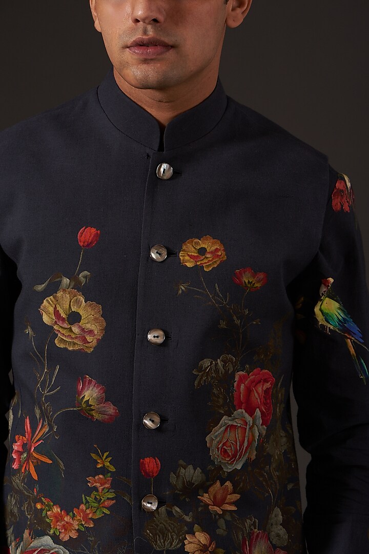 Black Cotton Floral Digital Printed Bundi Jacket by Balance by Rohit Bal Men at Pernia's Pop Up Shop