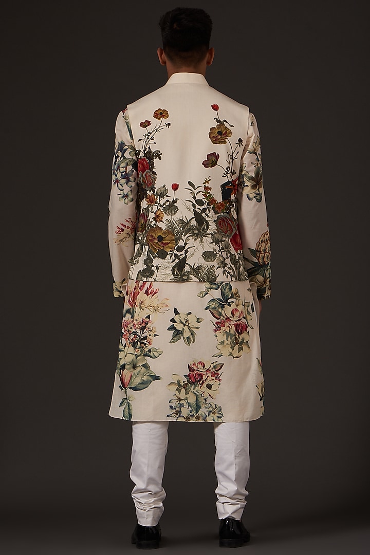 Ivory Cotton Floral Digital Printed Bundi Jacket by Balance by Rohit Bal Men at Pernia's Pop Up Shop
