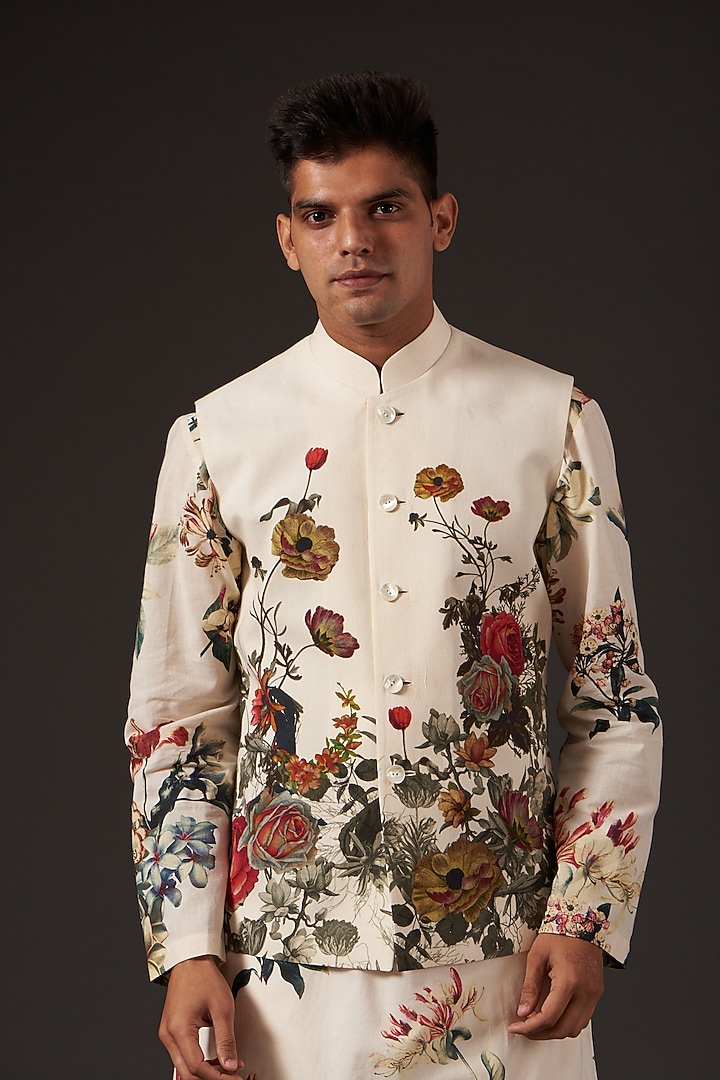 Ivory Cotton Floral Digital Printed Bundi Jacket by Balance by Rohit Bal Men at Pernia's Pop Up Shop