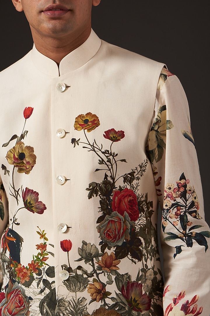 Ivory Cotton Floral Digital Printed Bundi Jacket by Balance by Rohit Bal Men at Pernia's Pop Up Shop