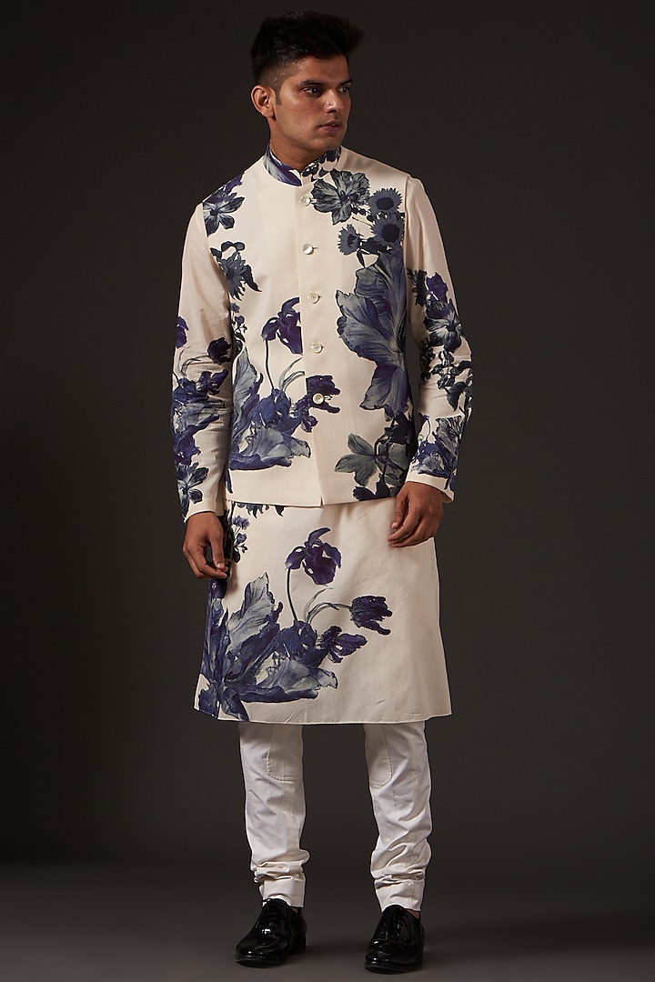 Ivory Floral Digital Printed Bundi Jacket by Balance by Rohit Bal Men