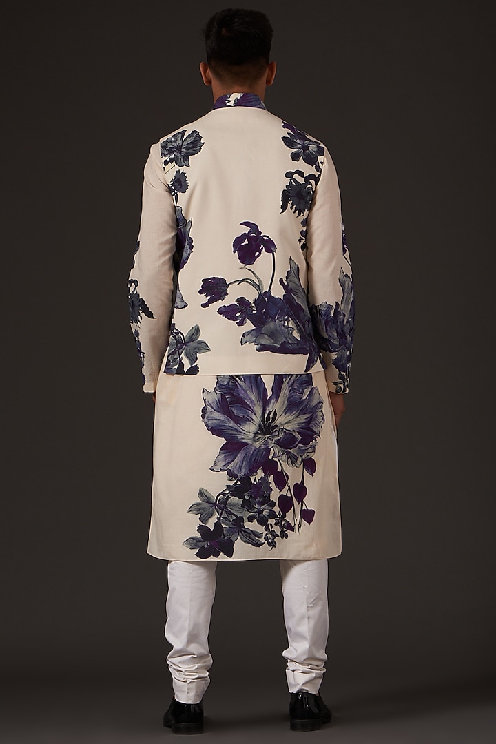 Ivory Floral Digital Printed Bundi Jacket by Balance by Rohit Bal Men at Pernia's Pop Up Shop
