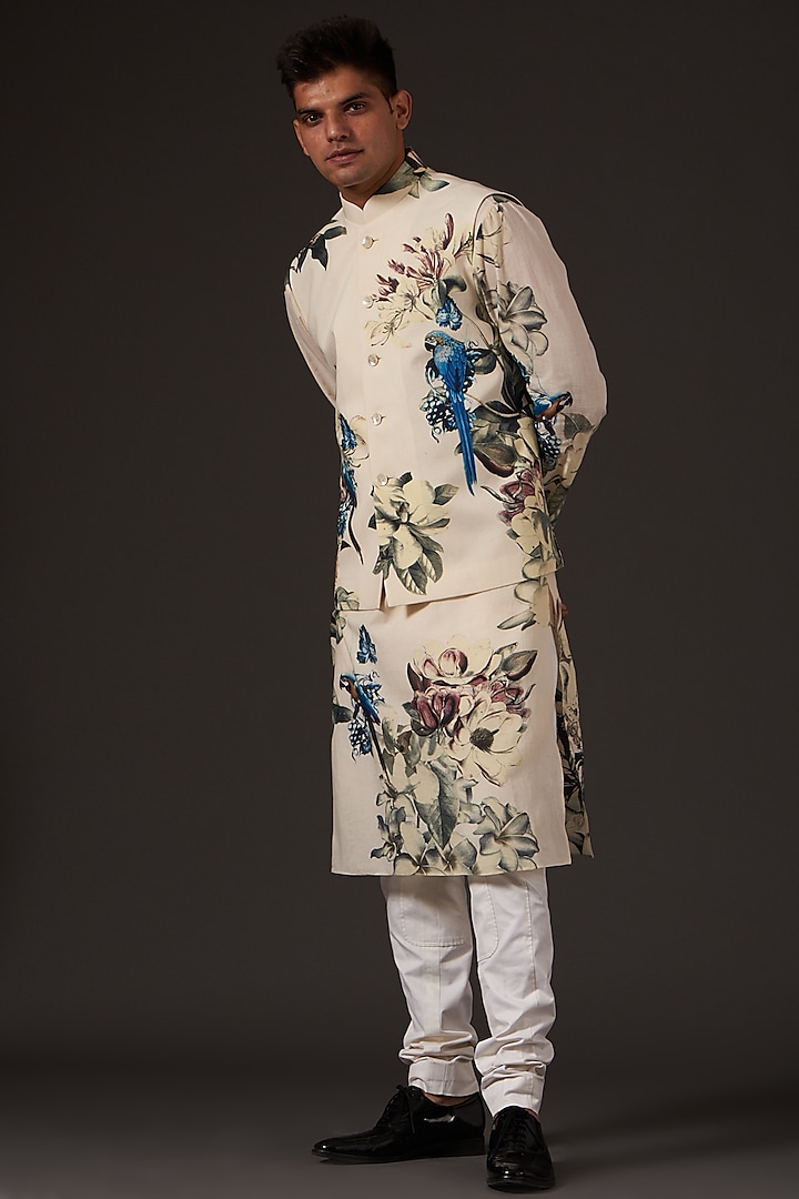 Ivory Cotton Floral Digital Printed Bundi Jacket by Balance by Rohit Bal Men