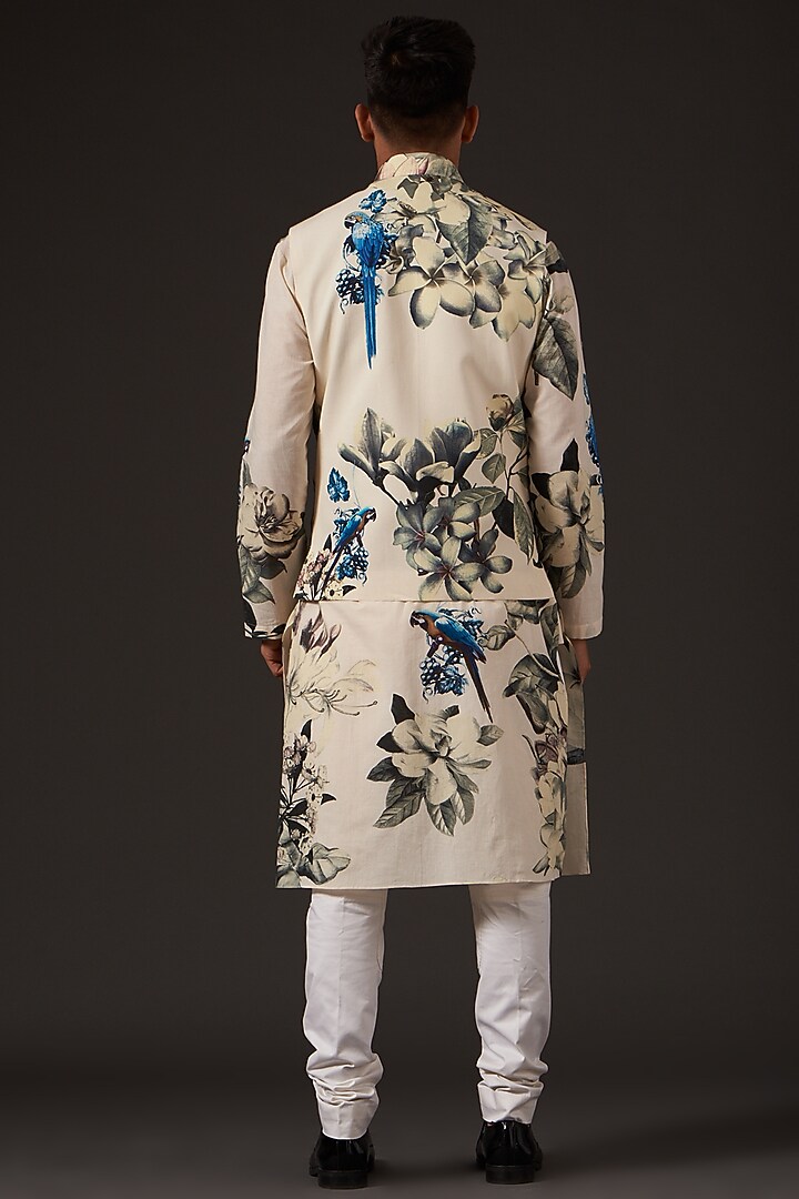 Ivory Cotton Floral Digital Printed Bundi Jacket by Balance by Rohit Bal Men at Pernia's Pop Up Shop